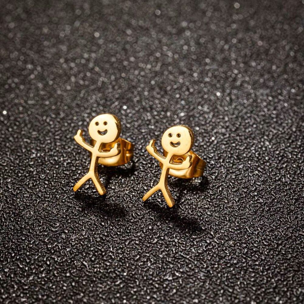 YELLOW GOLD Tone Funny Middle Finger Stud Earrings Stainless Steel